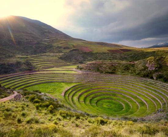 Sun over Moray, Sacred Valley of the Incas, Peru. Source: alexpermyakov/Adobe Stock