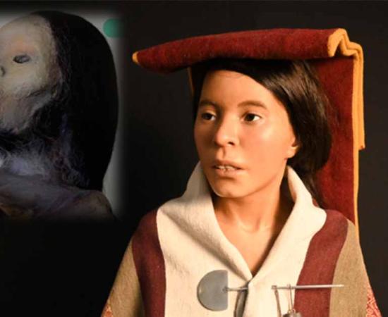Left; The 500-year-old Inca child mummy before unwrapping her body. Right; the reconstruction of Juanita the Inca Ice Maiden by Oscar Nilsson. 