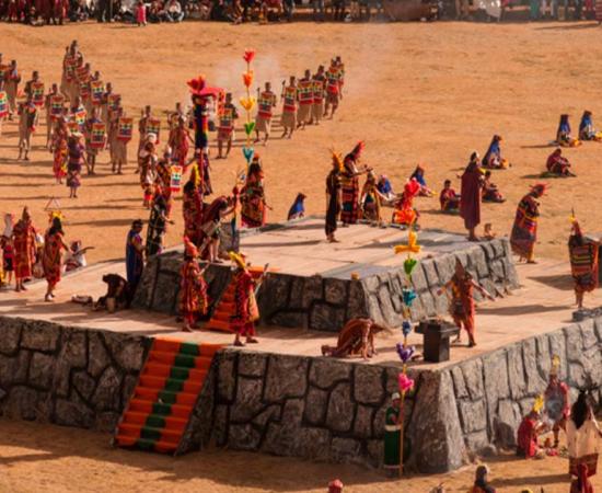 Dance platform at a modern but traditional Inti Raymi celebration. Early Andeans created a dance floor to imitate the sound of thunder when danced on. Source: Youenn JACQUIN/Adobe Stock