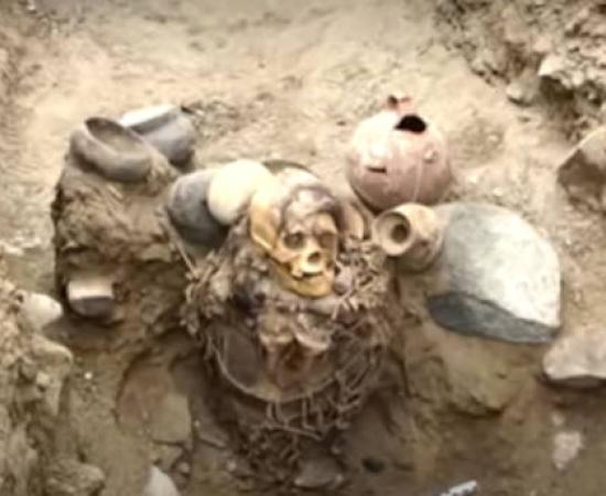 Inca mummy in situ at the site in Lima, Peru