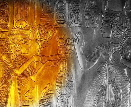 Detail from a replica of the small golden shrine found in KV62 that shows Ankhesenamun and Tutankhamun; design by Anand Balaji