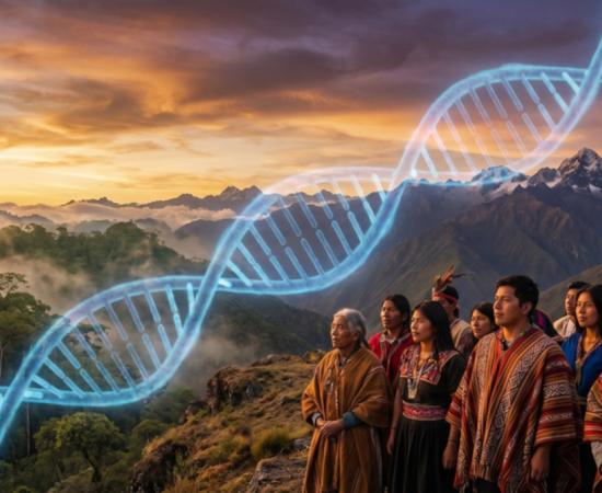 Representation of Indigenous Americans with DNA helix.
