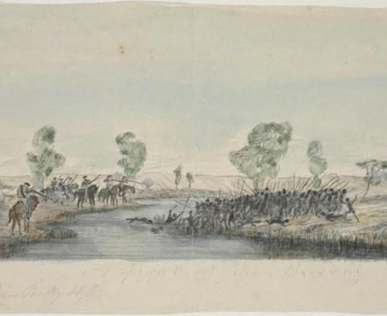William Anderson Cawthorne, ‘A fight at the Murray’, February 1844. This painting is of the massacre at Rufus River near Lake Victoria that took place about three years earlier in 1841