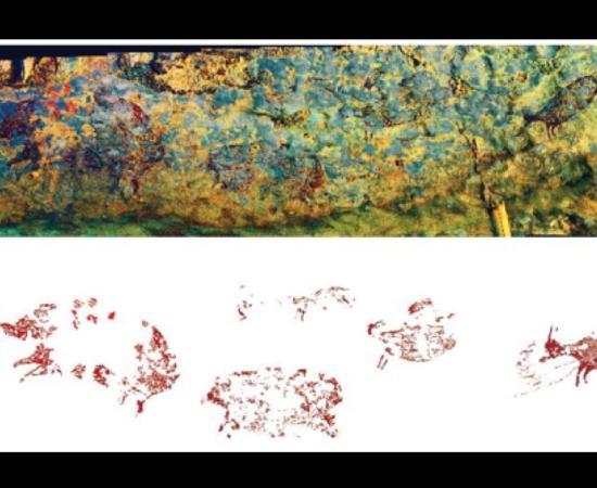 The Indonesian cave art hunting scene panorama. Source: Credit: Adam Brumm, Agus Oktaviana