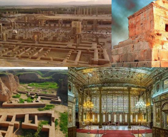 Four Iranian heritage sites: The ruins of Persepolis. (F. Couin/ CC BY SA 4.0 ), Pasargadae Tomb in Shiraz (CC BY SA 3.0), Ancient ruins in Susa, Iran (UNESCO), Elaborate decoration in Golestan Palace, Tehran, Iran. (Diego Delso/CC BY SA).