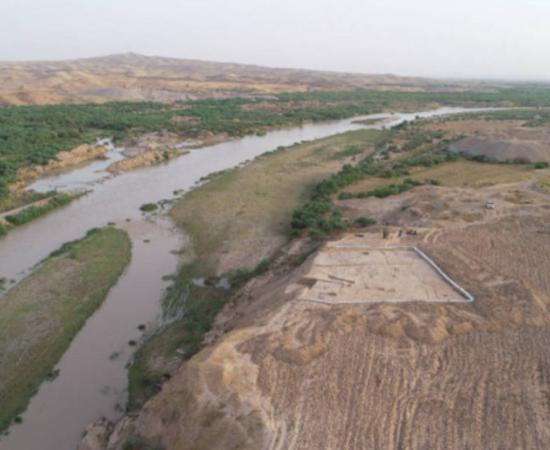 Aerial view of excavation spot at Shakhi Kora where bevelled clay bows and pillared structures were found. 
