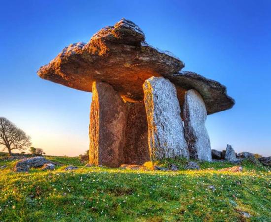 Poulnabrone portal tomb in Burren at sunrise, Ireland.
