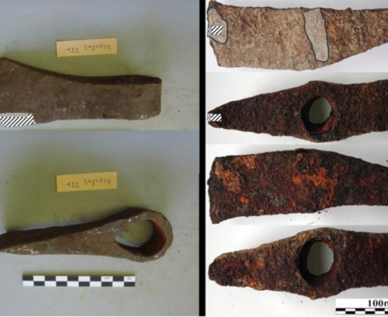 Iron Age iron axes from Kazakhstan (A) and northern Germany (B) examined through radiocarbon dating and metallographic analysis.