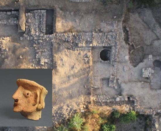 Main: The Tel Motza Iron Age temple excavation site in Jerusalem.    Source: Skyview / Israel Antiquities Authority.     Inset: Ancient figurines of people found at Tel Motza.        Source: Clara Amit / Israel Antiquities Authority