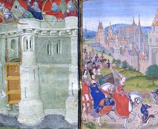 On Left - Isabella directing the Siege of Bristol. On Right - Isabella of France is welcomed to Paris when she returned from England to pay homage to her brother, King Charles IV of France. 