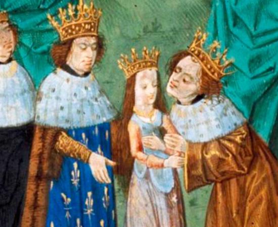 Detail from miniature depicting Richard II, King of England from 1377 to 1399, receiving his child bride Isabella of Valois from her father Charles VI, the King of France. Source: Public domain