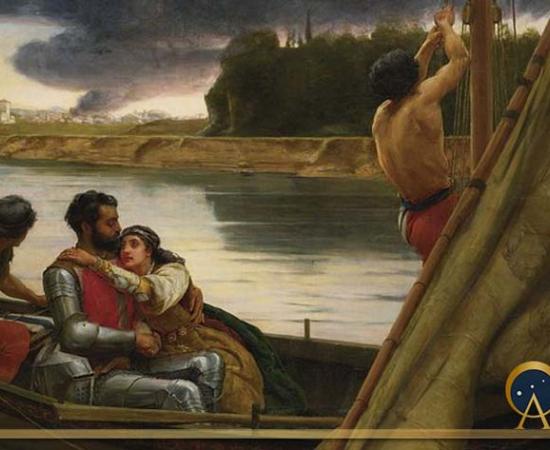 Voyage of King Arthur and Morgan le Fay to the Isle of Avalon by Frank William Warwick (1888) (Public Domain)