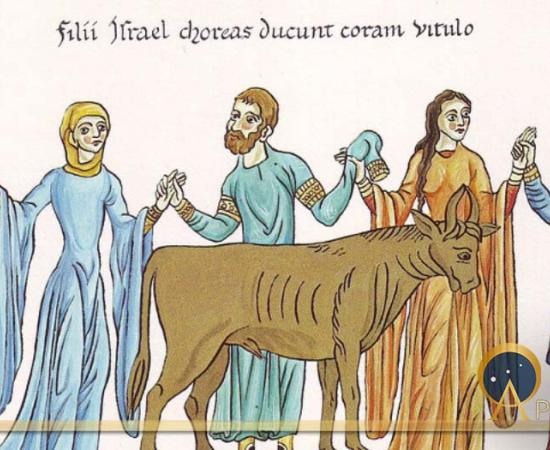 The Adoration of the Golden Calf – Picture from the Hortus deliciarum of Herrad of Landsberg (12th century) (Public Domain)