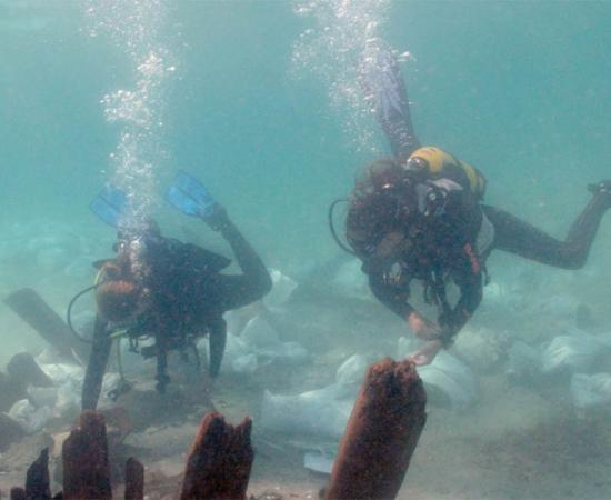 Marine archaeology students examine the pottery near the bulkhead at the Israeli shipwreck. Source: A. Yurman/Leon Recanati, Institute for Maritime Studies of the University of Haifa