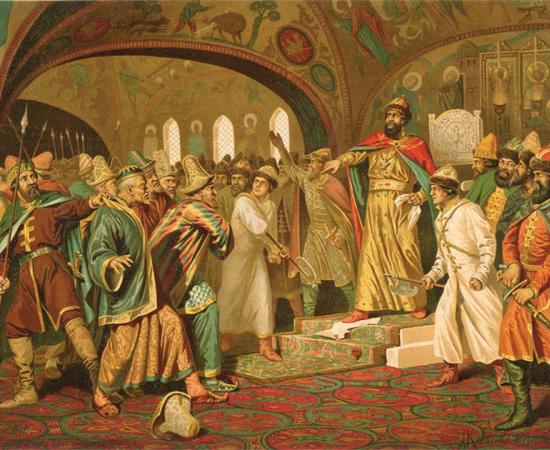Ivan the Great tearing the khan's letter to pieces.      Source: Aleksey D. Kivshenko / Public domain