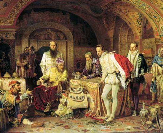 Ivan IV of Russia ("Ivan the Terrible") demonstrates his treasures to the ambassador of Queen Elizabeth I of England
