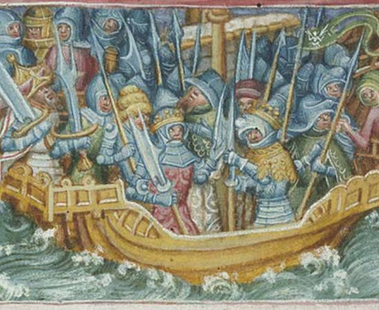A depiction of Ivar and Ubba setting forth to avenge their father, Loðbrók, as it appears on folio 47v of British Library Harley 2278.      Source: Public Domain
