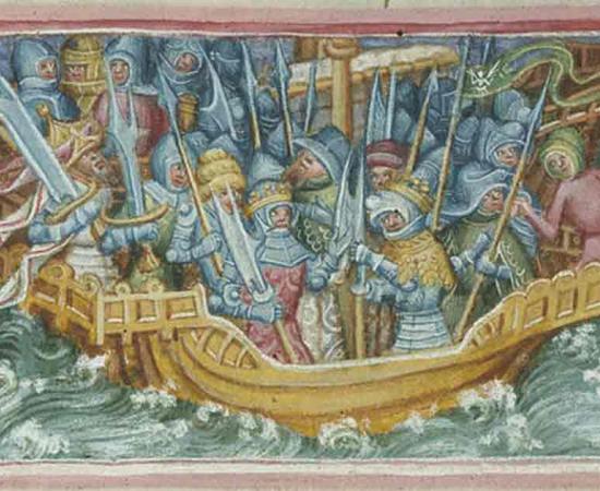 A depiction of Ivar and Ubba setting forth to avenge their father, Loðbrók, as it appears on folio 47v of British Library Harley 2278. Source: Public Domain