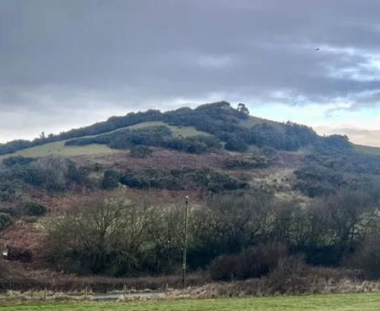A grassy coastal mound in Cumbria believed by archaeologist Steve Dickinson to be “The King’s Mound,” potentially covering a Viking ship burial. 