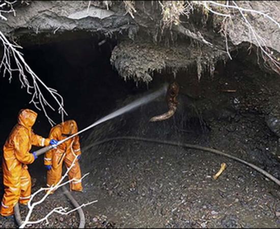 Bone hunters inside a man-made permafrost cave of the Yunyugen mammoth graveyard site. Source: Sergey Leshchinsky / Siberian Times