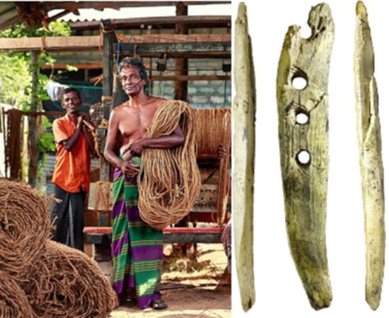 Artisans weaving coconut rope in Sri Lanka, with right, the ivory cord making tool.  