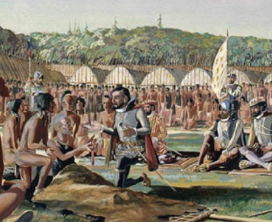 Watercolor, Jacques Cartier visiting Hochelaga, October 1535 