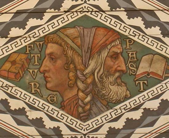 Painted ceiling in Waltham Abbey parish church, depicting Janus facing both past and future.