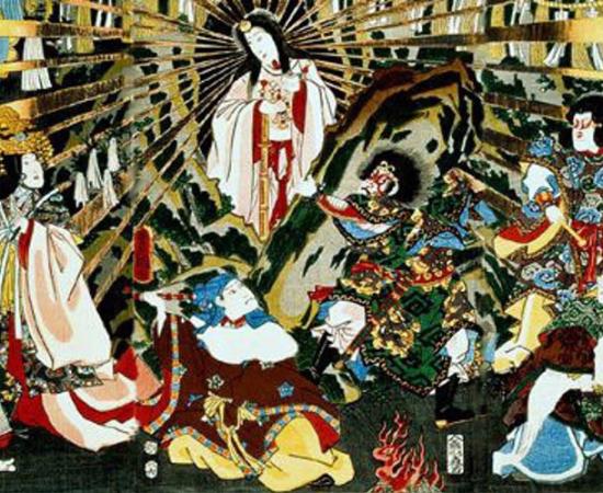 The Japanese Sun Goddess, Amaterasu, emerging from a cave. She is a Japanese deity that is linked to reincarnation. 