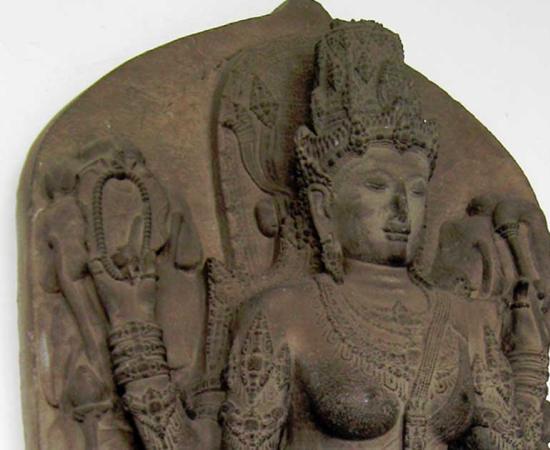 A statue of Harihara, the half Shiva, half Vishnu god. The statue is a mortuary deified portrayal of Raden Wijaya. 