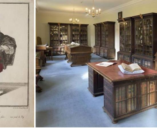 Left; Jean Dieu de Saint-Jean, Habit Noir (evening wear), etching c. 1670. Right; Inside the Pepys Library at Magdalene College, Cambridge.	Source: Left; Reproduced by permission of the Pepys Library, Magdalene College Cambridge.  Right; Douglas Atfield/University of Cambridge