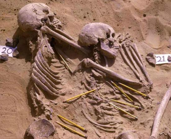 Archival photograph showing a double burial from the Jebel Sahaba cemetery in Sudan, with pencils marking the position of associated lithic artifacts. Source: Wendorf Archives of the British Museum/Scientific Reports