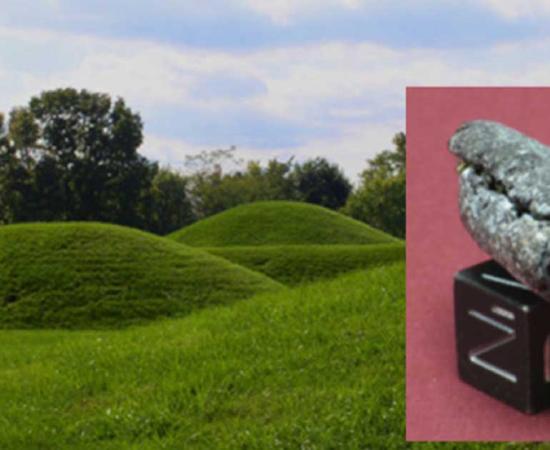 Main: Hopewell burial mounds in Ohio (CC by SA 3.0). Inset: One of the meteoritic iron beads found in a Hopewell mound.