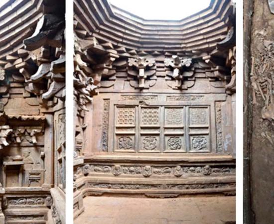 A land purchase document which is a square brick with writing that can be seen on the front, most of which is blurred. From the upper right, only part of the words "Wang Village, Yuanqu County, Jiangzhou, Jiangzhou, South East Road, Dajin Kingdom... Name of Gongcao... Mingchang..." and other parts of the text can be discerned. (Shanxi Provincial Institute of Archaeology)