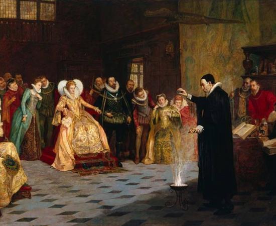 John Dee performing an experiment before Queen Elizabeth I.