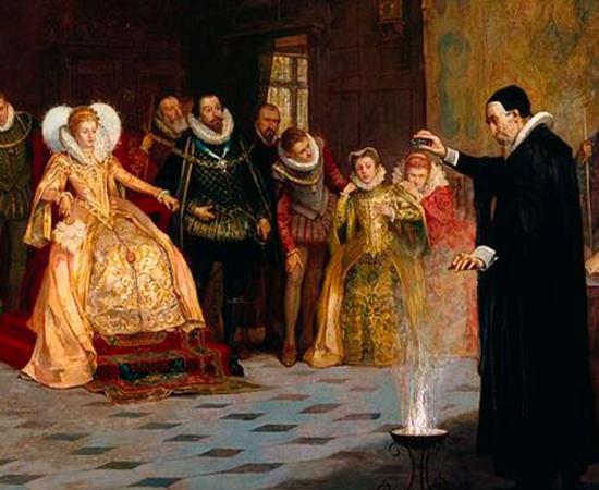 Painting by Glindoni of John Dee performing an experiment for Elizabeth I.	Source: Henry Gillard Glindoni/ CC BY 4.0