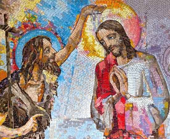Mosaic of the baptism of Jesus Christ by Saint John the Baptist in Medjugorje, Bosnia and Herzegovina, 2016. Source: Adam Ján Figeľ / Adobe stock