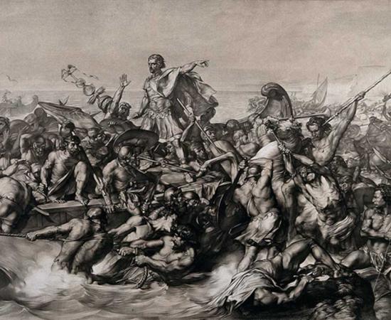 Caesar's first invasion of Britain: Caesar's boat is pulled to the shore while his soldiers fight the resisting indigenous warriors. Lithograph by W. Linnell after E. Armitage.