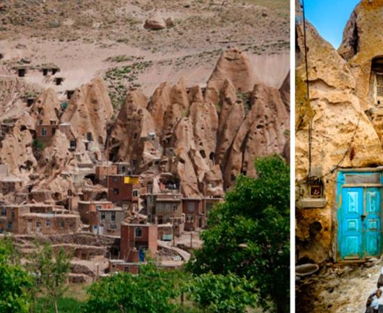 Cliff dwellings in Kandovan village, Iran. Source: Left; knovakov / Adobe Stock, Right; naytoong/Adobe Stock