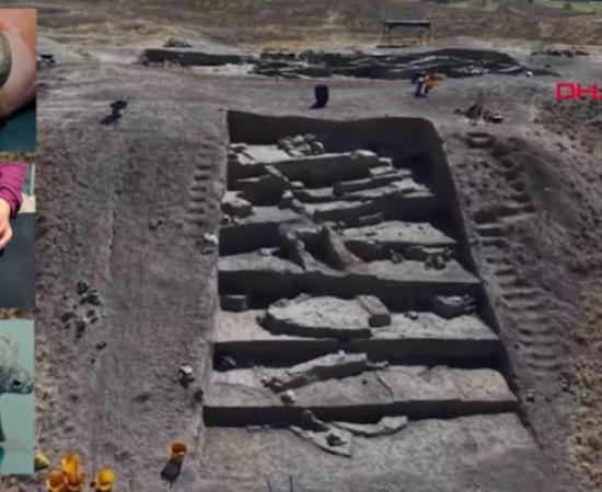 The current excavation site at Karahöyü, with inset artifacts found.
