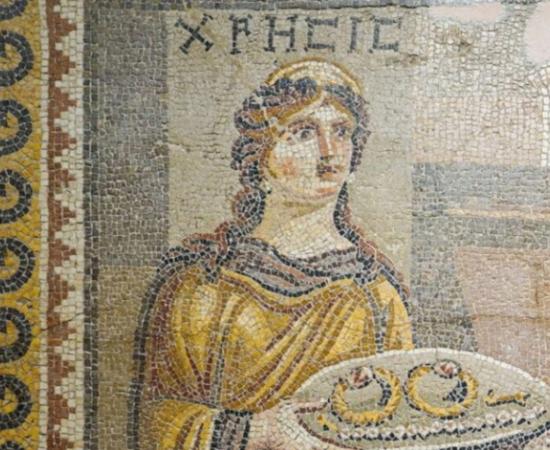 Detail of the Khresis mosaic, depicting a woman carrying a tray of jewelry from the Trojan War cycle.  