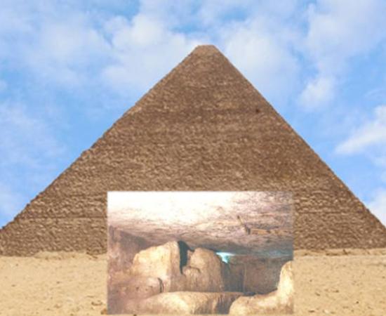 The Subterranean Chamber superimposed on the Khufu Pyramid at Giza.