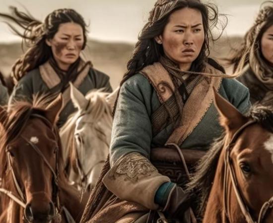 AI representation of female Mongolian generals and warriors on the steppe.  Source: Hui/Adobe Stock