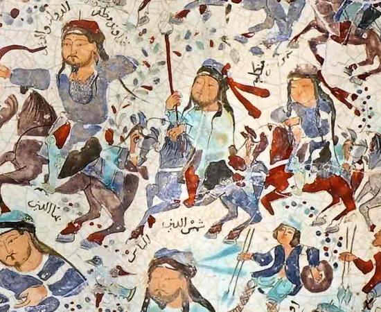 Representative image of warriors of the Khwarazmian Empire, from a 13th-century Mina’i bowl. Source: Public domain