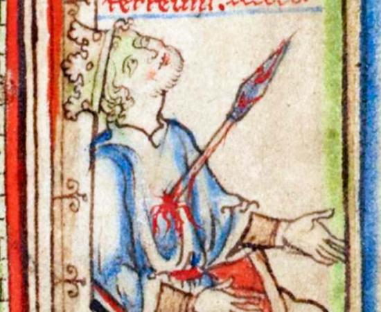 Detail depicting the unusual death of King Edmund Ironside as portrayed in a 13th-century illustrated Anglo-Norman manuscript of the Life of St Edward the Confessor. Source: Cambridge University Library / CC BY-NC 3.0