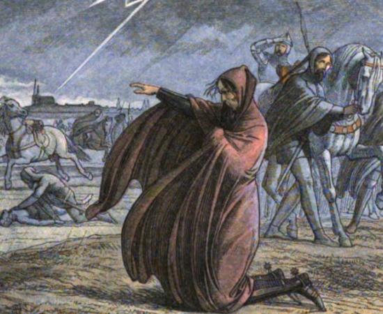 King Edward III implores the forgiveness of God while facing the storm of 1360 with his army in the fields of Sours