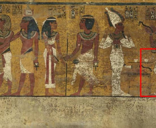 Scans of the north wall of King Tutankhamun's burial chamber have revealed features beneath the intricately decorated plaster (highlighted) a researcher believes may be a hidden door, possibly to the burial chamber of Nefertiti. 