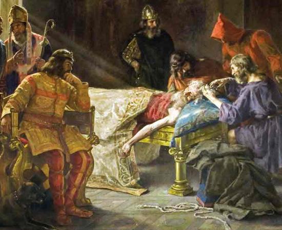 The tonsure of King Wamba, by Joan Brull Vinyoles circa 1894. Source: Public domain