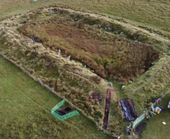 Aerial of the site known as King Arthur’s Hall, on Bodmin Moor, Cornwall, England.