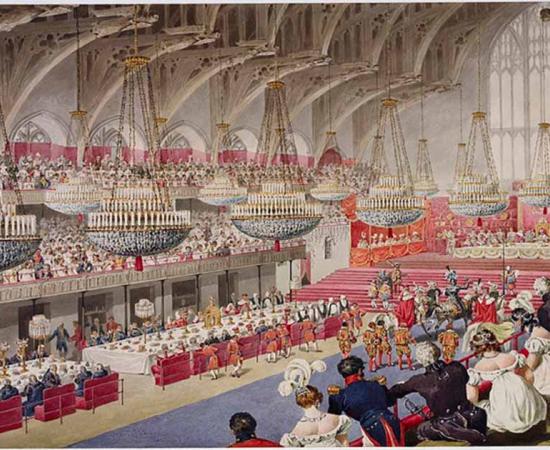 The Third and Last Challenge by the King’s Champion during King George IV's Coronation Banquet in Westminster Hall, by Denis Dighton.            Source: Public Domain