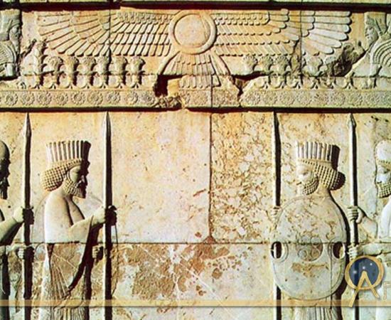 Apadana Hall, fifth-century BC carving of Persian archers and Median soldiers in traditional costume (Medians are wearing rounded hats and boots) 